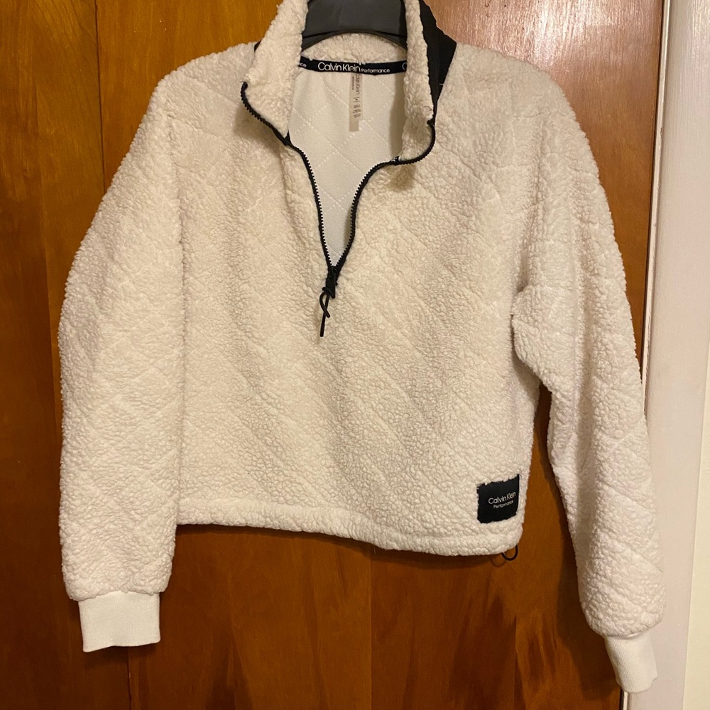 Calvin Klein Performance Cropped Sherpa Quarter-Zip Pullover in Cream and Black